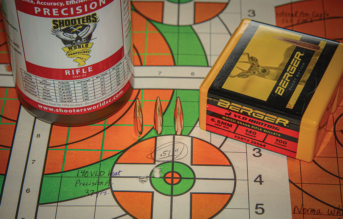 This .51-inch group was the result of Berger’s 140-grain VLD Hunting seated over 37 grains of Shooters World Precision Rifle powder. Muzzle velocity was 2,657 fps.